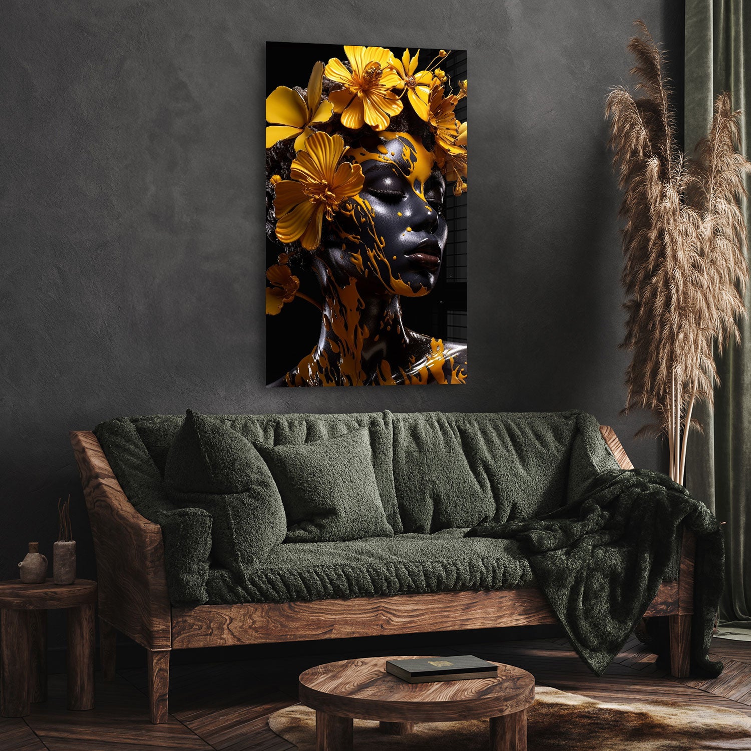 Yellow Floral Woman - Tempered Glass Wall Art