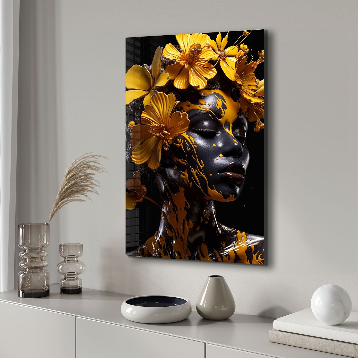 Yellow Floral Woman - Tempered Glass Wall Art