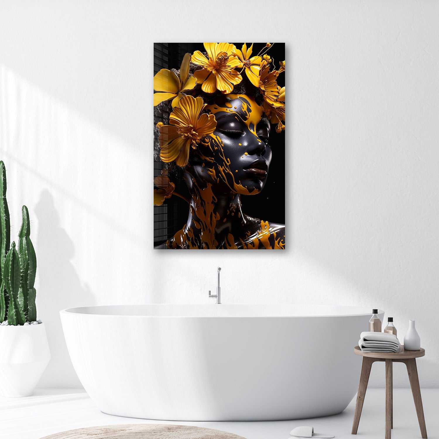 Yellow Floral Woman - Tempered Glass Wall Art