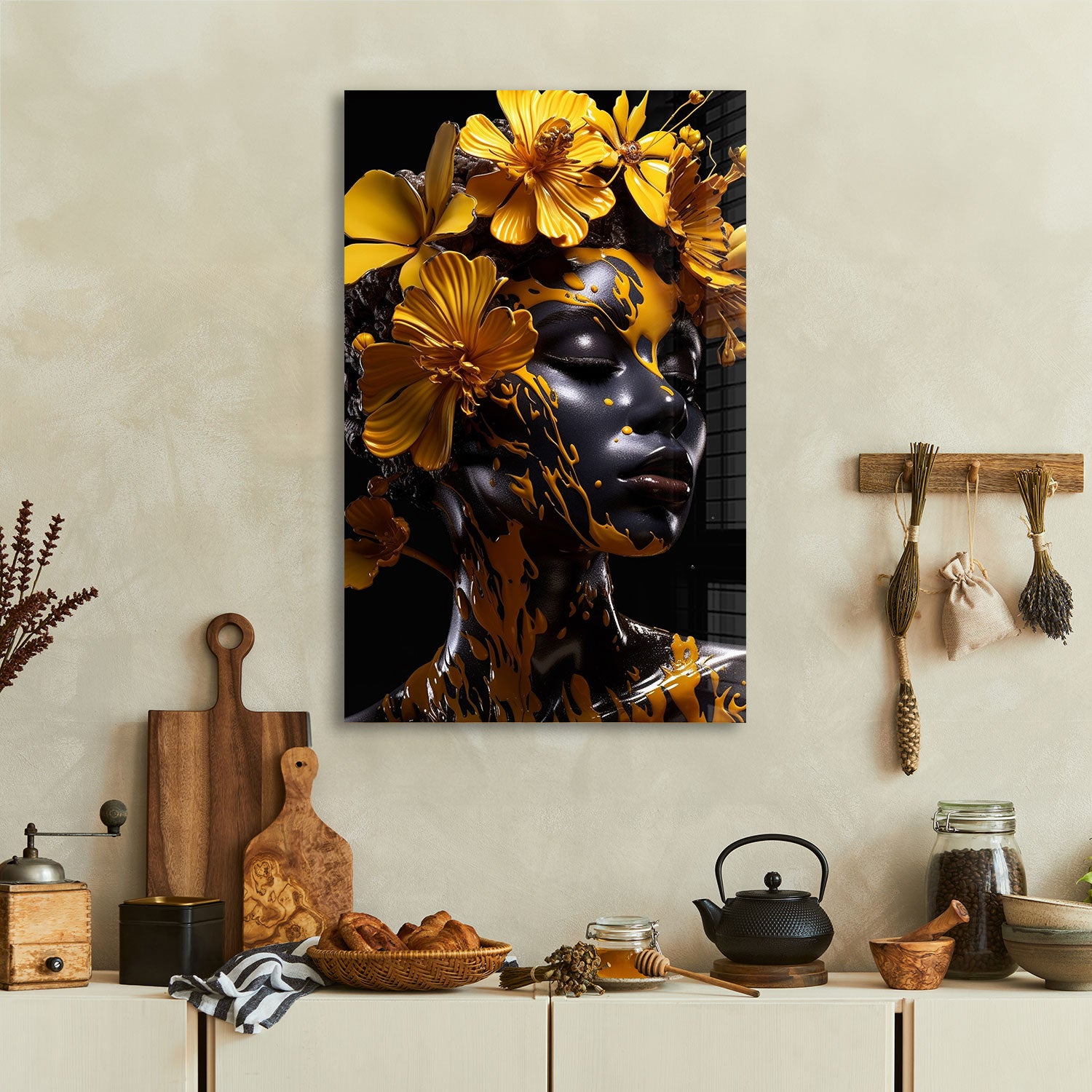 Yellow Floral Woman - Tempered Glass Wall Art