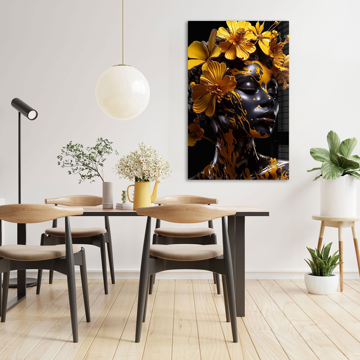 Yellow Floral Woman - Tempered Glass Wall Art