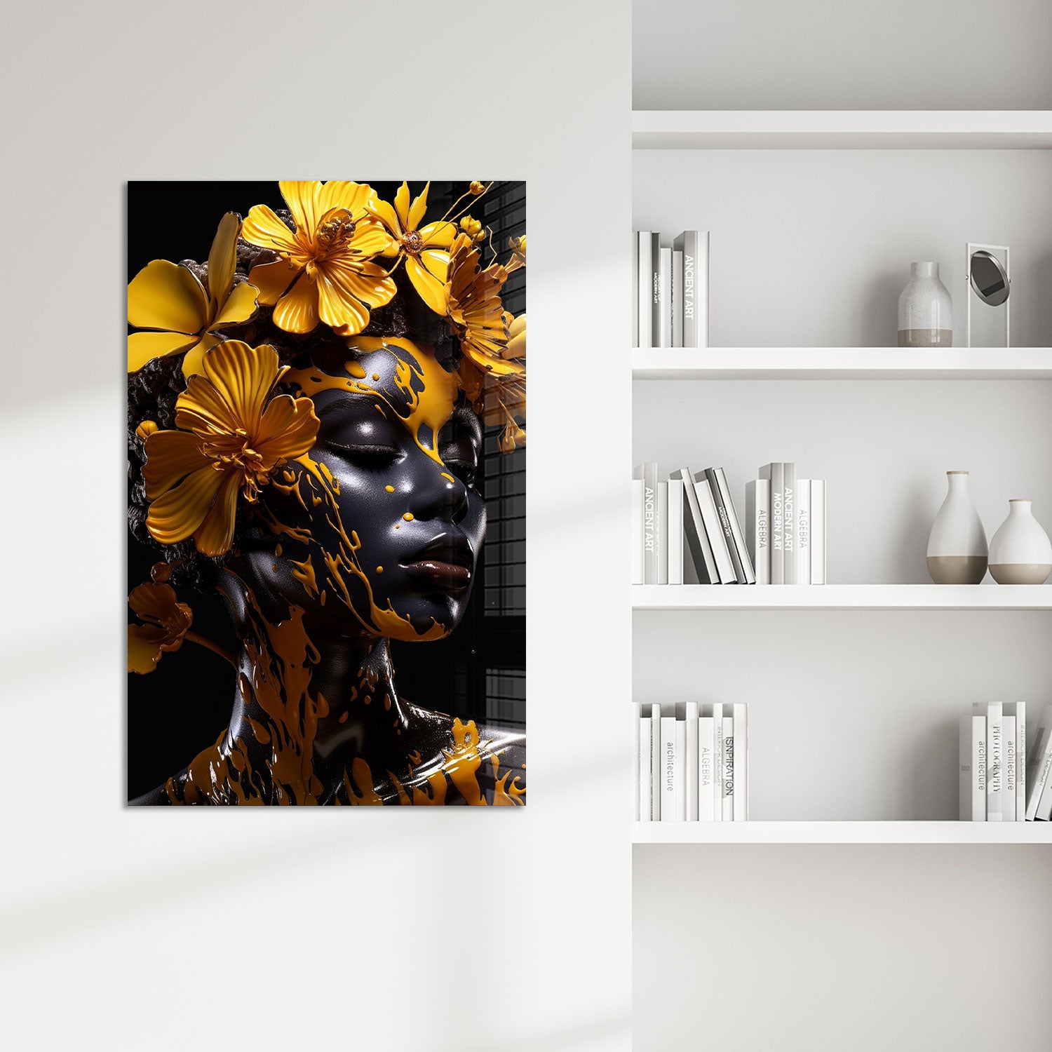 Yellow Floral Woman - Tempered Glass Wall Art