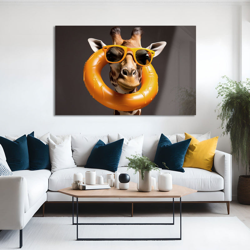 Artronauts Glass Print Giraffe Can Swim Too