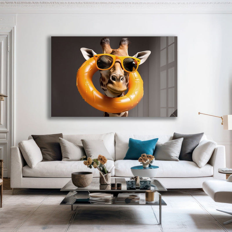 Artronauts Glass Print Giraffe Can Swim Too