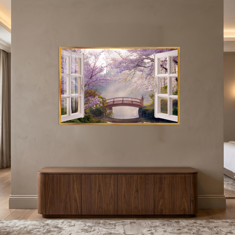 Cherry Blossom Window with gold frame