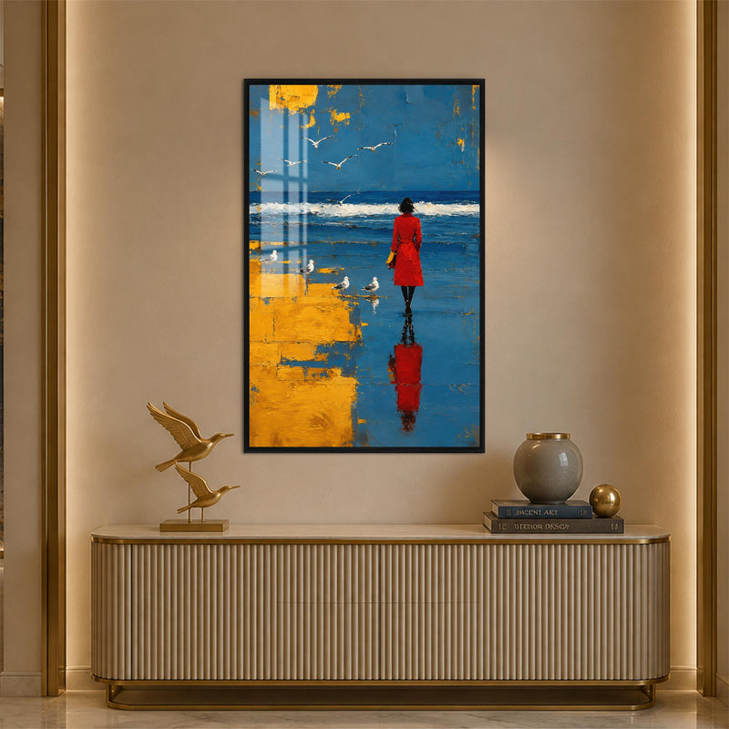 Red Coat By The Sea with black frame