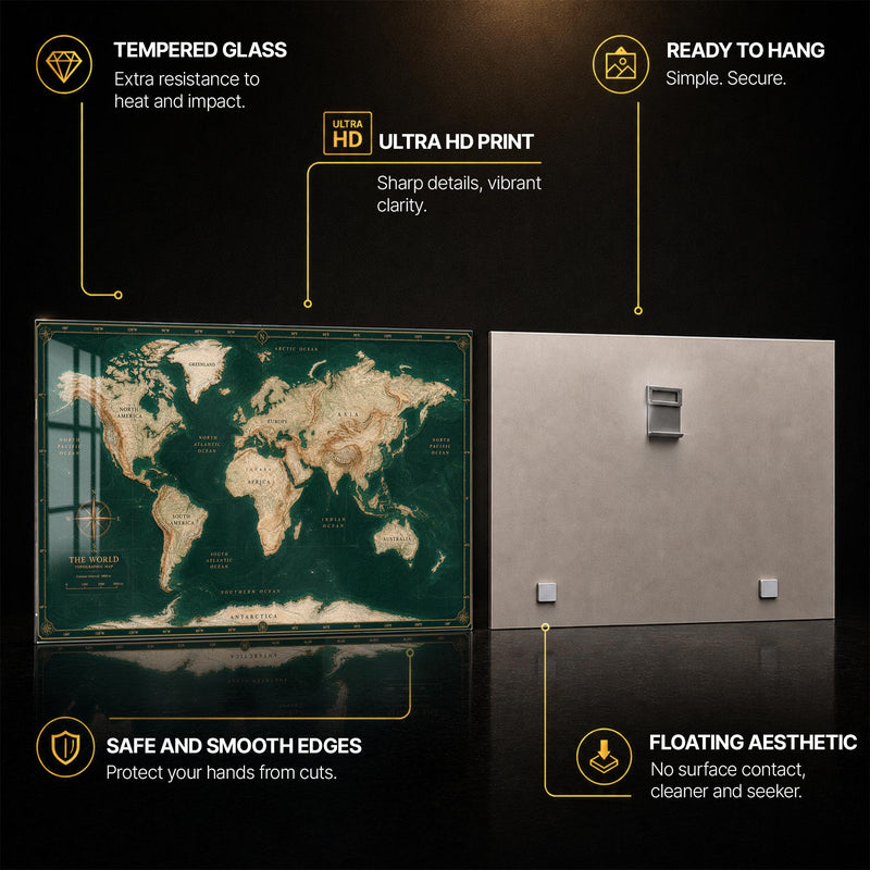 Emerald World Map — tempered glass, ultra HD print, ready to hang
