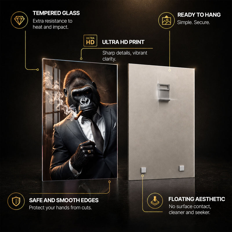 Gorilla Cigar — tempered glass, ultra HD print, ready to hang
