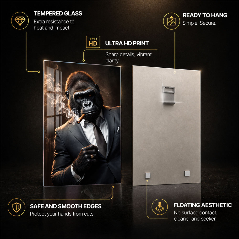 Gorilla Cigar — tempered glass, ultra HD print, ready to hang