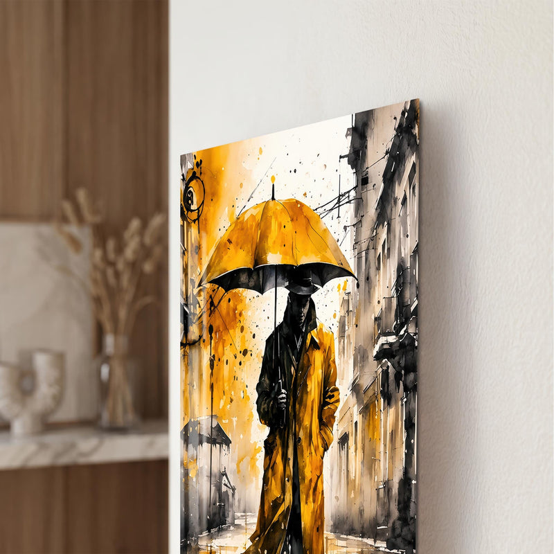 Artronauts Glass Print Yellow Umbrella Walker Glass Wall Art