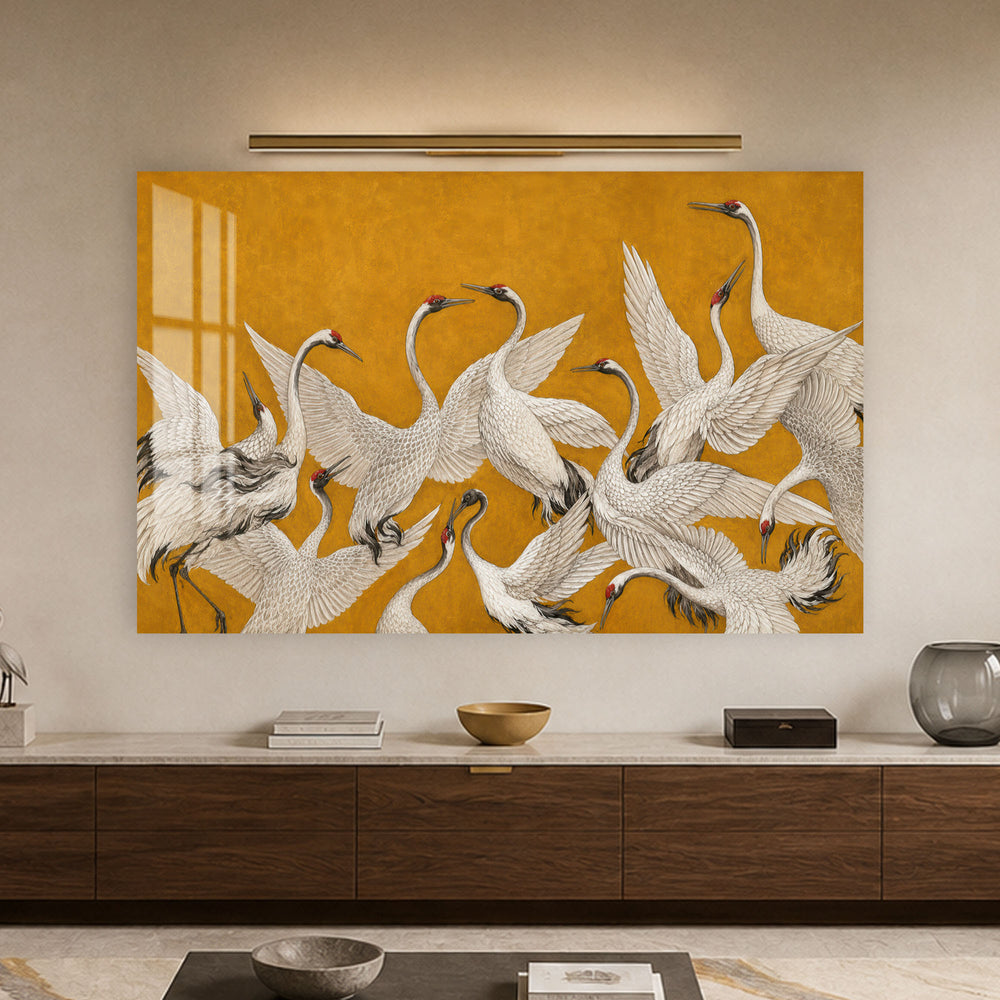 Golden Cranes in Flight in a modern room