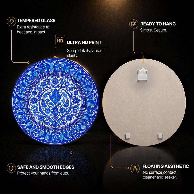 Cobalt Floral Medallion — tempered glass, ultra HD print, ready to hang