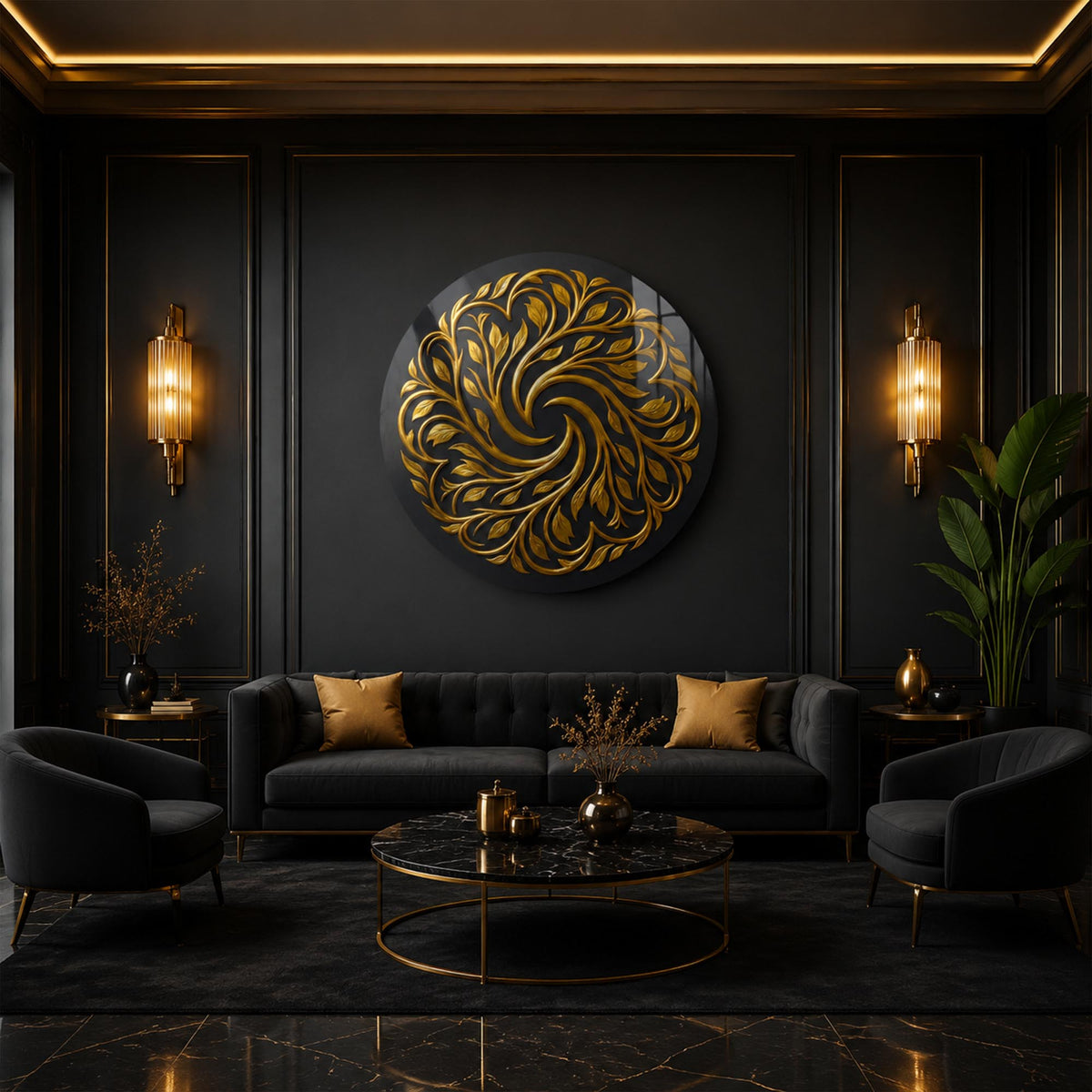 Golden Botanical Spiral in a modern room