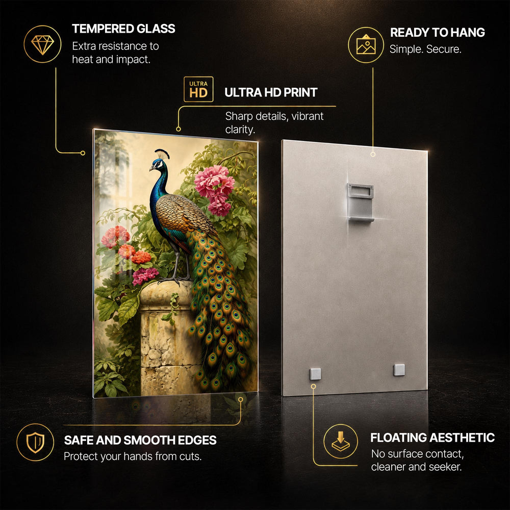 Peacock Garden Portrait — tempered glass, ultra HD print, ready to hang