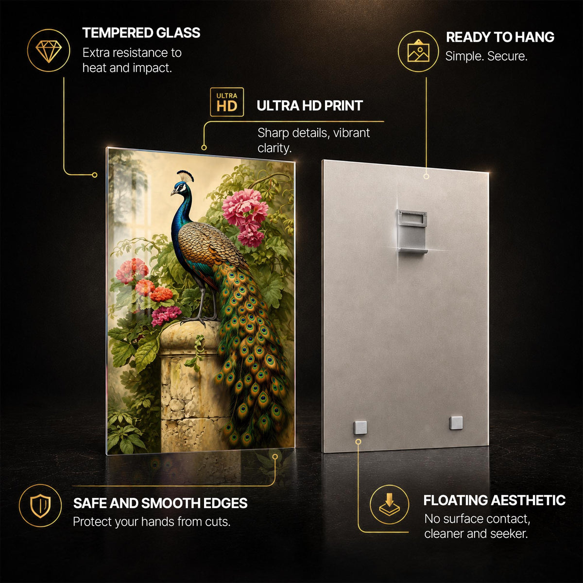 Peacock Garden Portrait — tempered glass, ultra HD print, ready to hang