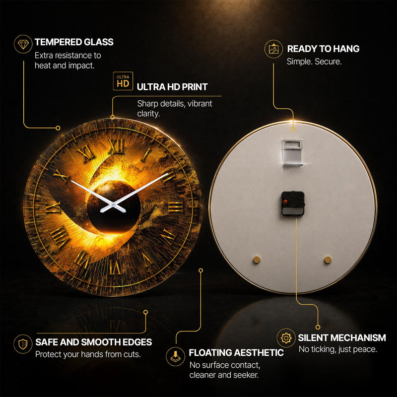 Golden Eclipse — tempered glass, ultra HD print, ready to hang