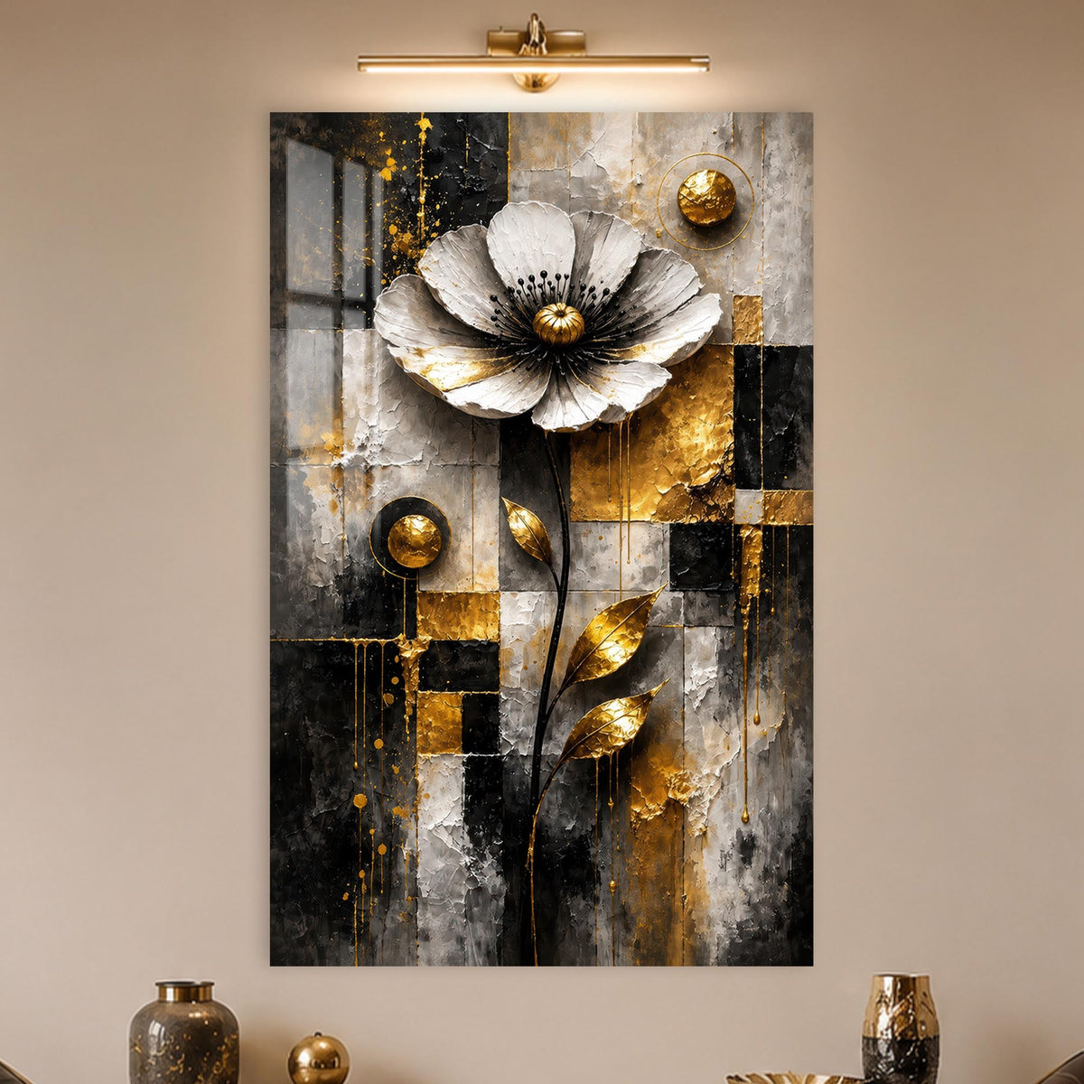 Golden Geometric Flower in a modern room