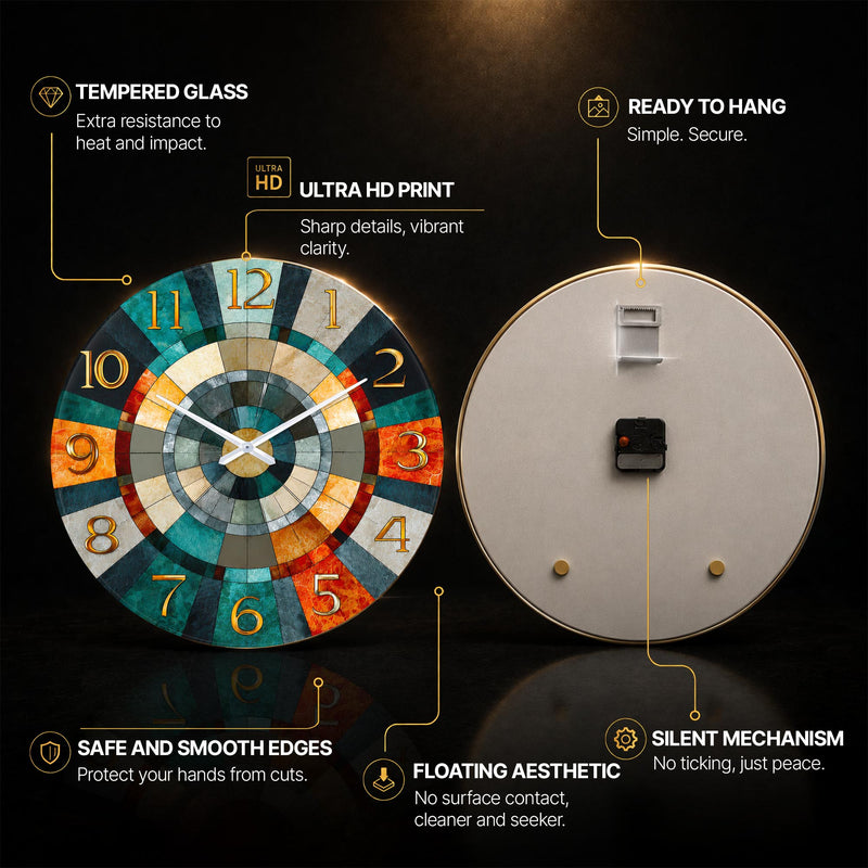 Retro Mosaic Dial — tempered glass, ultra HD print, ready to hang