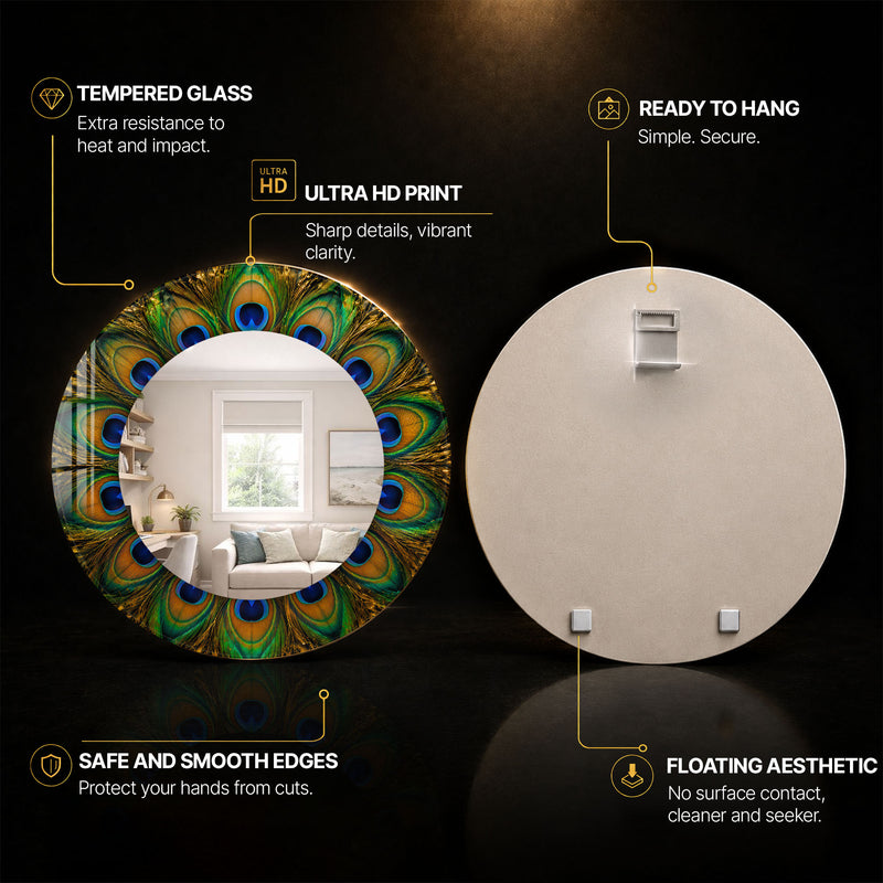 Peacock Feather Halo — tempered glass, ultra HD print, ready to hang