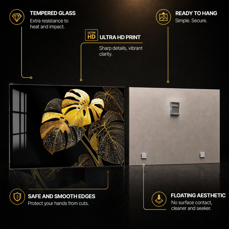 Golden Monstera Leaves — tempered glass, ultra HD print, ready to hang