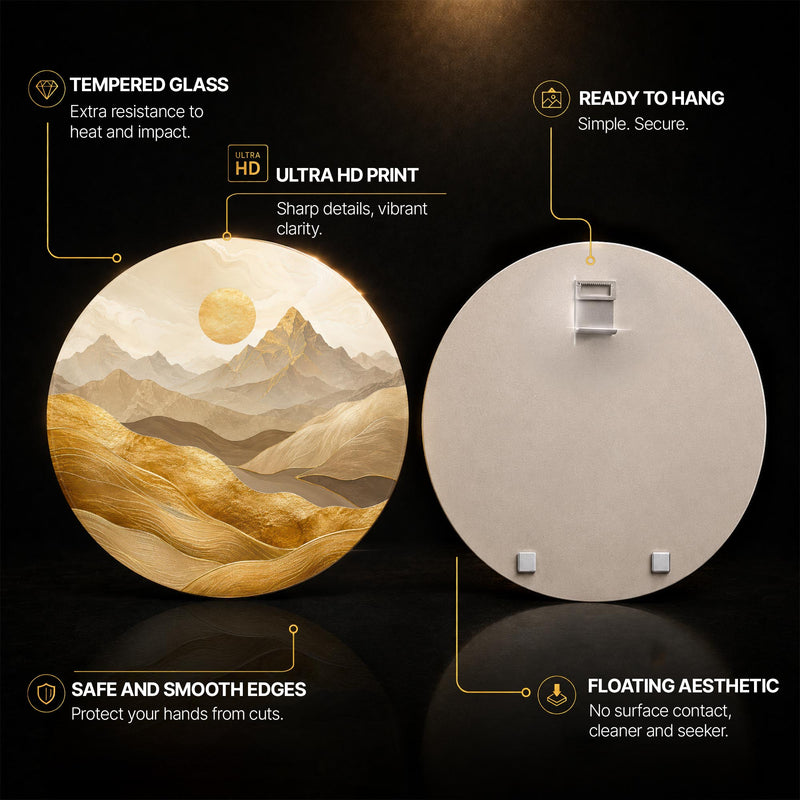 Golden Mountain Horizon — tempered glass, ultra HD print, ready to hang