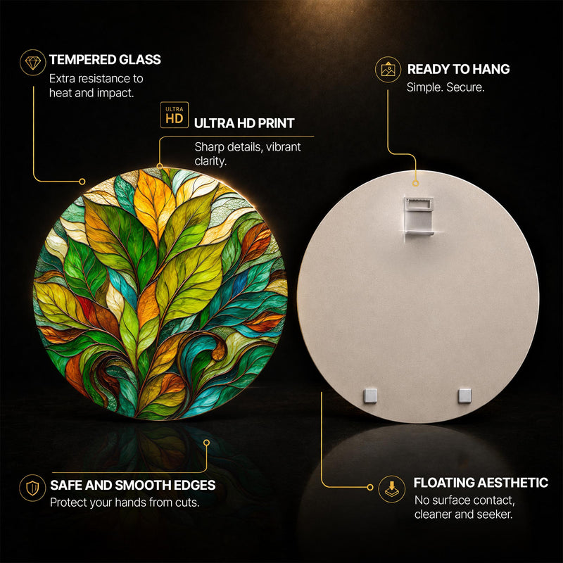 Stained Glass Foliage — tempered glass, ultra HD print, ready to hang