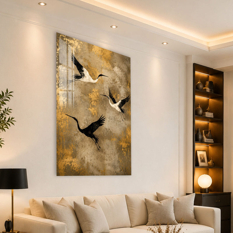 Artronauts Glass Print Golden Crane Flight Glass Wall Art