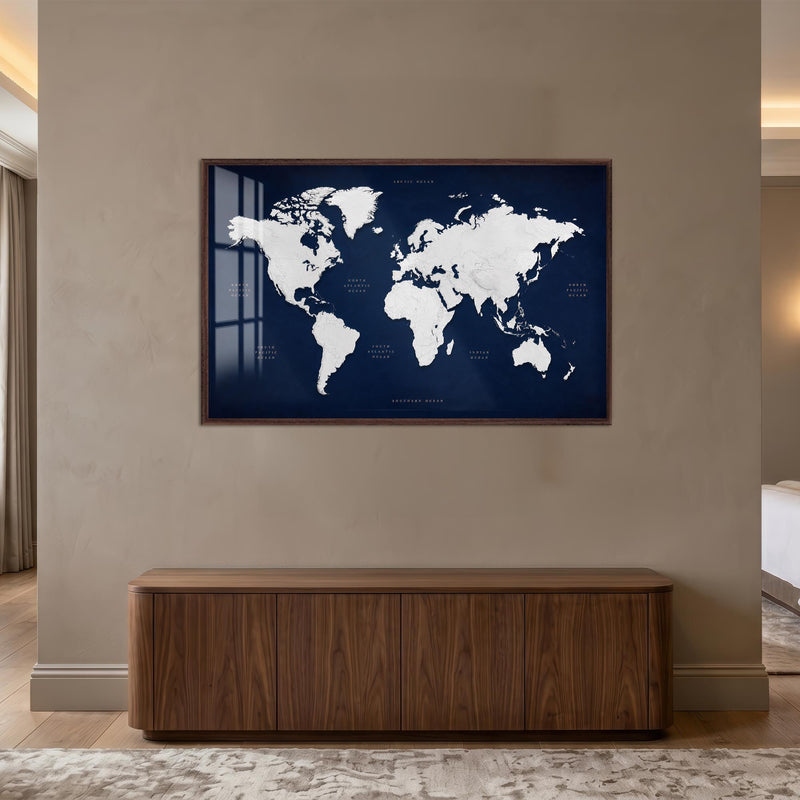 Navy World Map with walnut frame