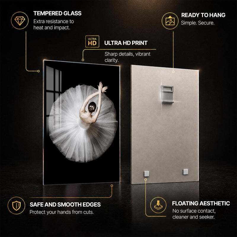 White Tutu From Above — tempered glass, ultra HD print, ready to hang