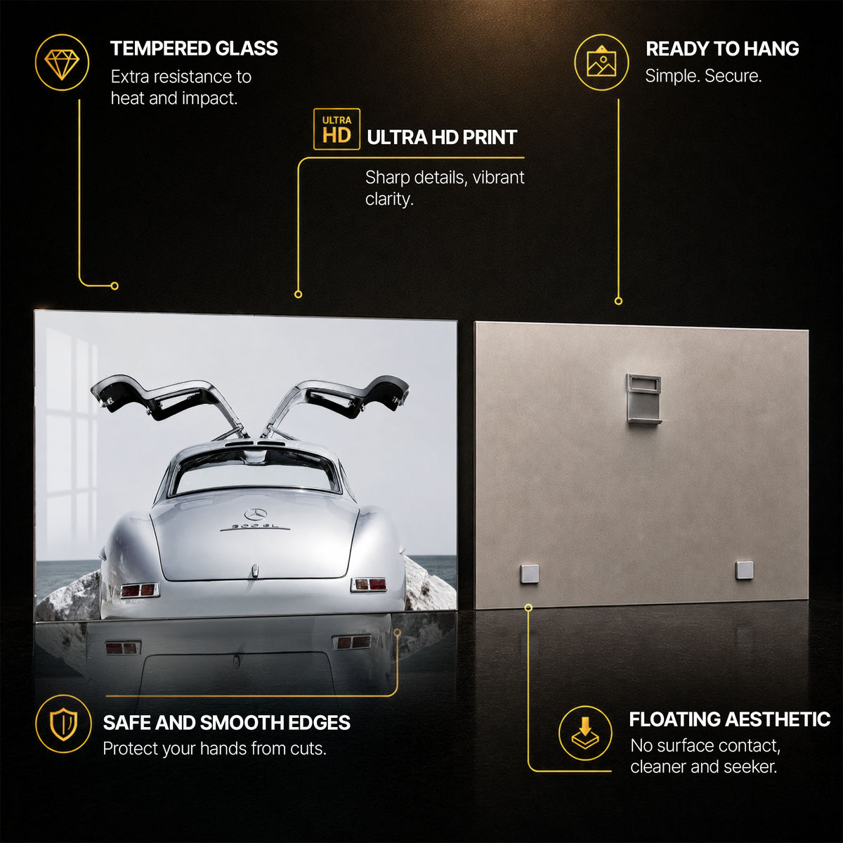 Silver Gullwing Classic — tempered glass, ultra HD print, ready to hang