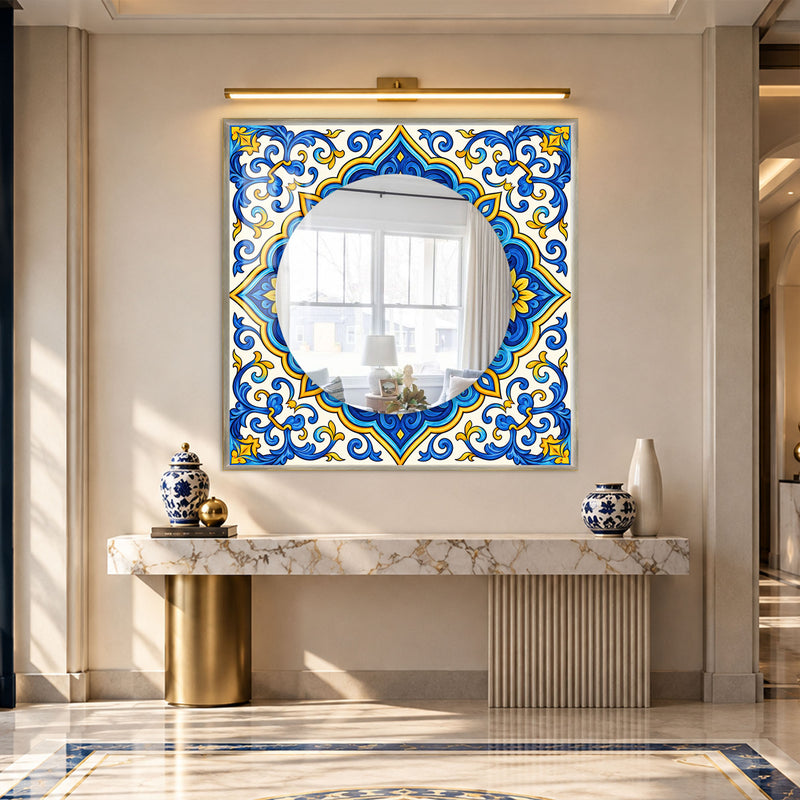 Mediterranean Tile Flourish with white frame