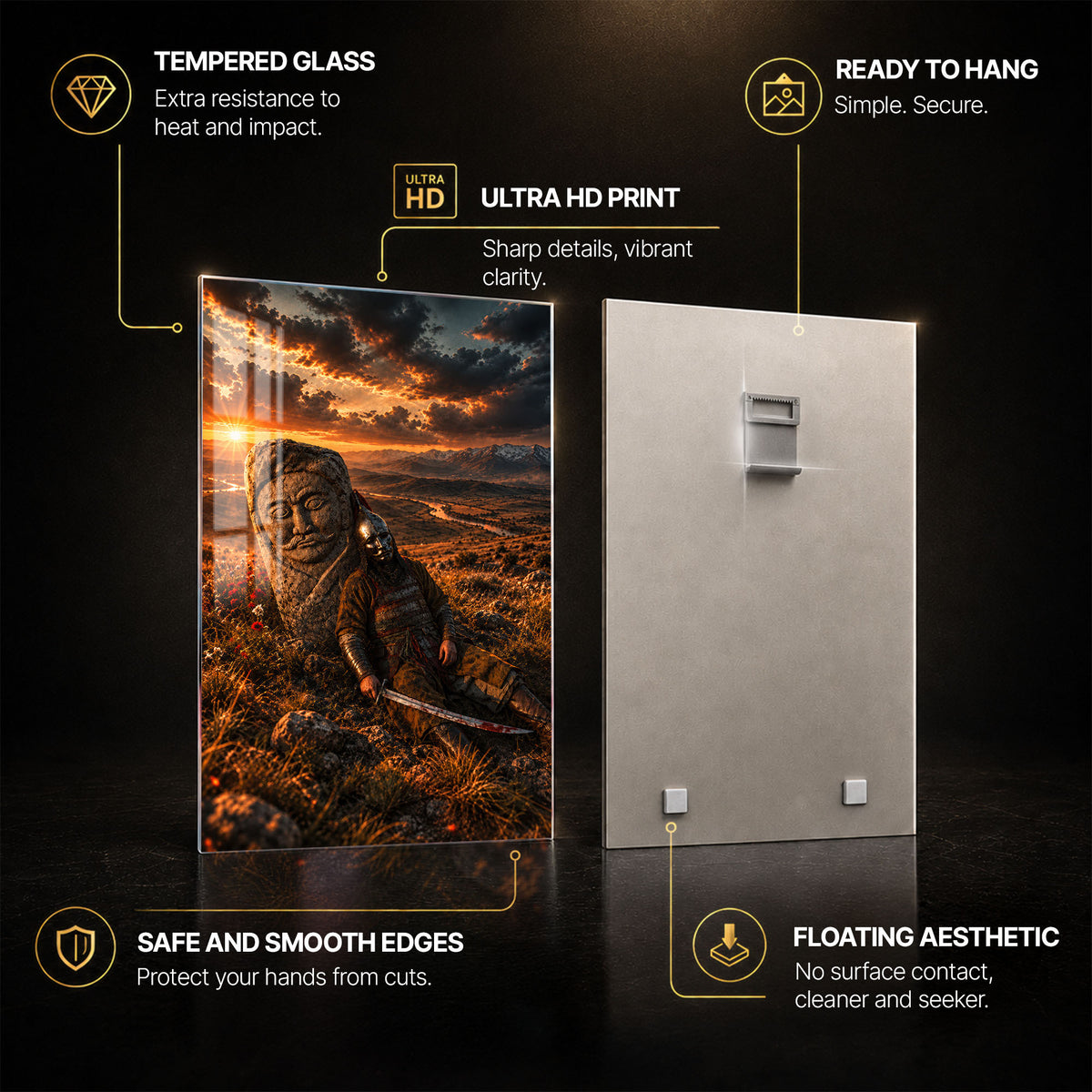 Warrior Sunset — tempered glass, ultra HD print, ready to hang