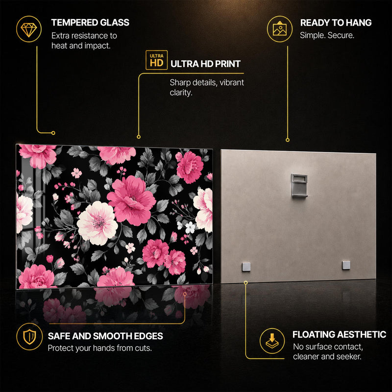 Midnight Pink Blooms — tempered glass, ultra HD print, ready to hang