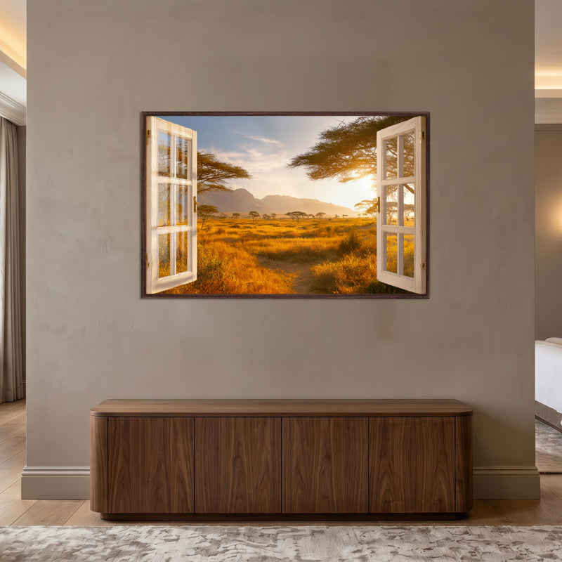 Golden Savanna Window with walnut frame