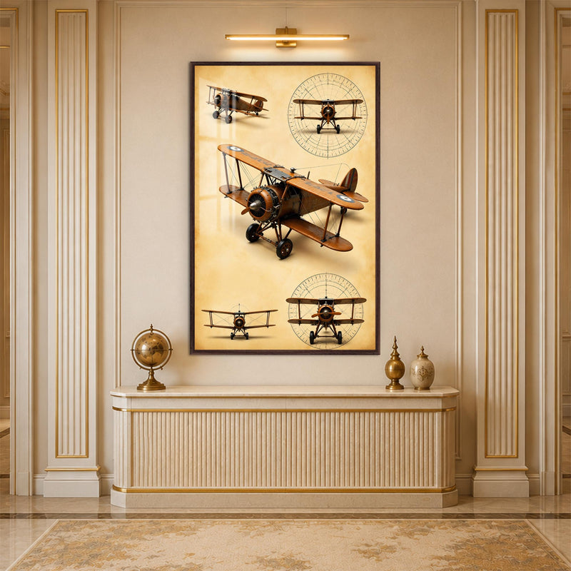 Vintage Biplane Studies with walnut frame