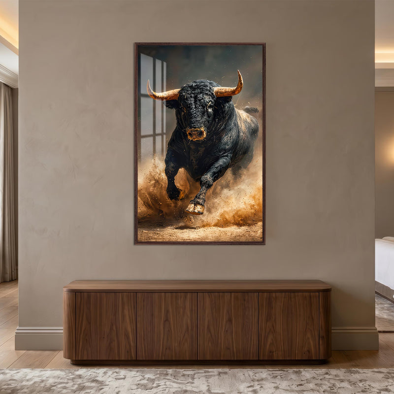 Charging Black Bull with walnut frame