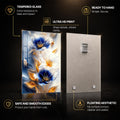 Gilded Blue Blossoms — tempered glass, ultra HD print, ready to hang