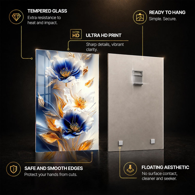 Gilded Blue Blossoms — tempered glass, ultra HD print, ready to hang