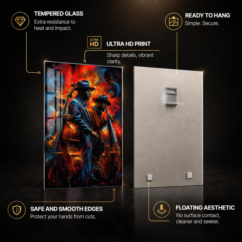 Blazing Bass Duo — tempered glass, ultra HD print, ready to hang