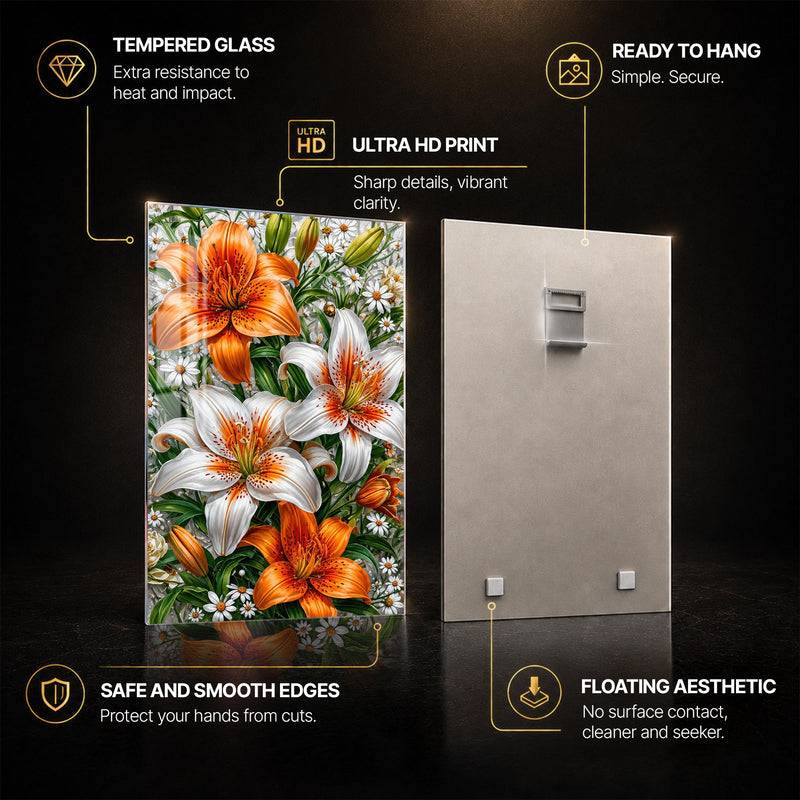 Radiant Lily Garden — tempered glass, ultra HD print, ready to hang
