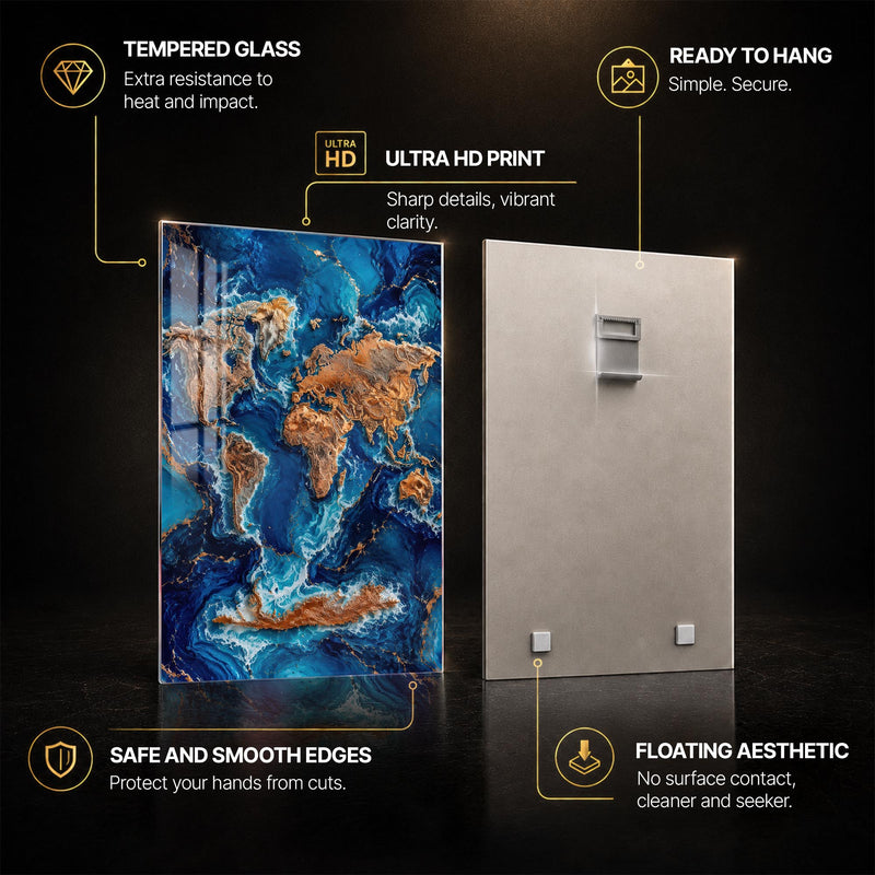 Gilded Ocean World — tempered glass, ultra HD print, ready to hang