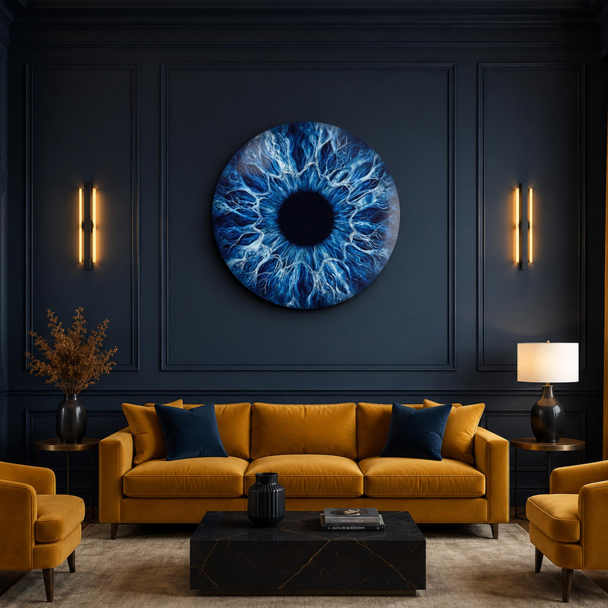 Electric Blue Iris — tempered glass, ultra HD print, ready to hang
