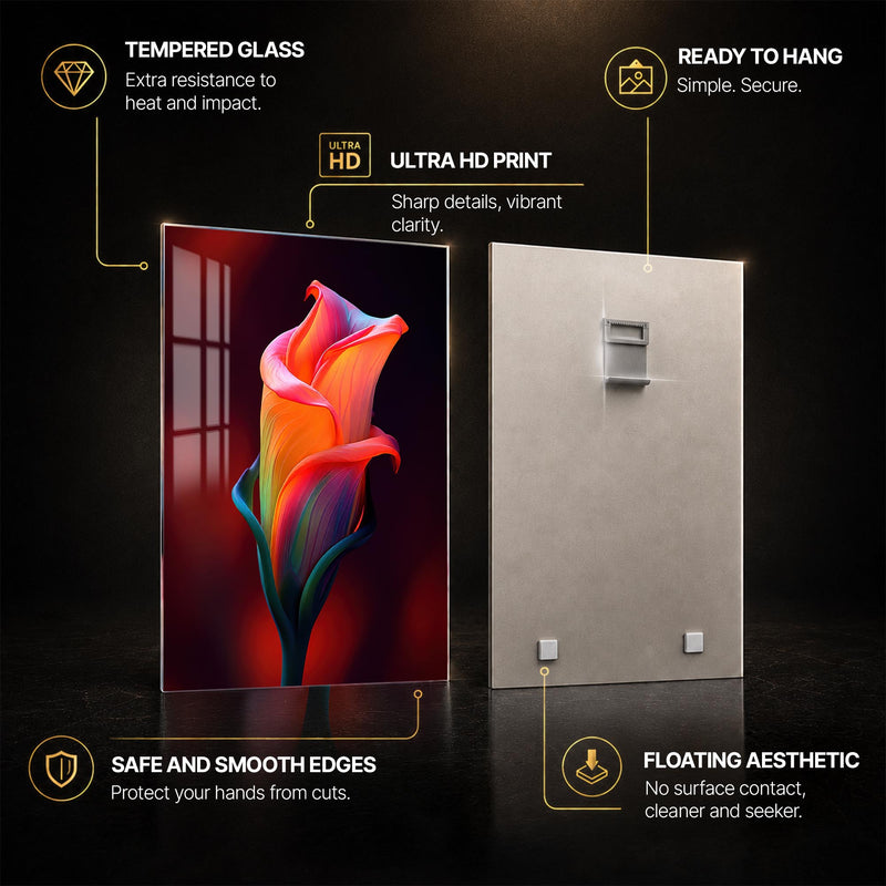 Neon Calla Bloom — tempered glass, ultra HD print, ready to hang