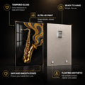 Golden Jazz Saxophone — tempered glass, ultra HD print, ready to hang