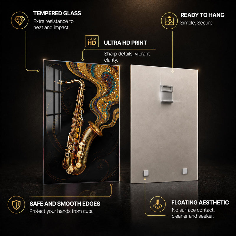 Golden Jazz Saxophone — tempered glass, ultra HD print, ready to hang