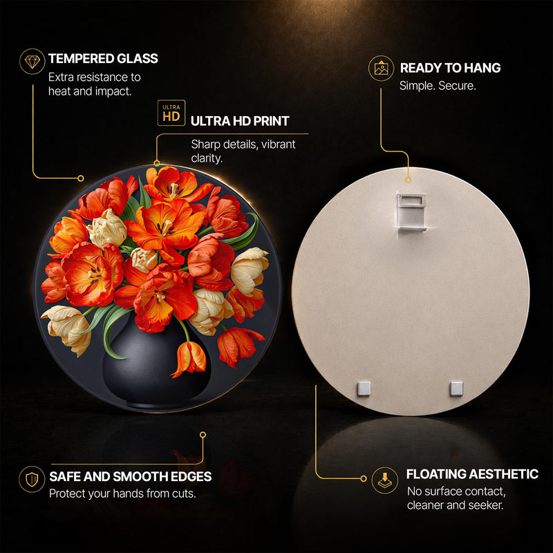 Fiery Tulip Bouquet — tempered glass, ultra HD print, ready to hang
