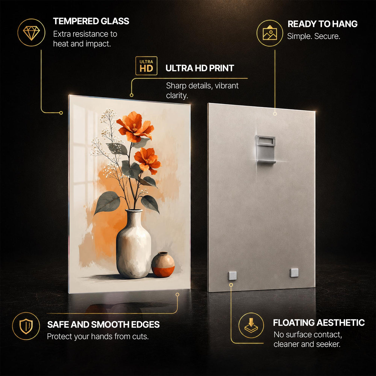Orange Flowers and Vases — tempered glass, ultra HD print, ready to hang