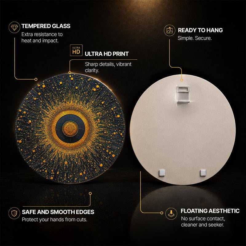 Golden Nebula Burst — tempered glass, ultra HD print, ready to hang