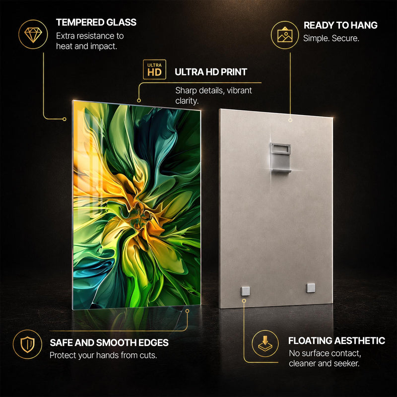 Emerald Golden Bloom — tempered glass, ultra HD print, ready to hang
