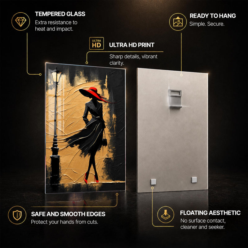 Crimson Hat Elegance — tempered glass, ultra HD print, ready to hang